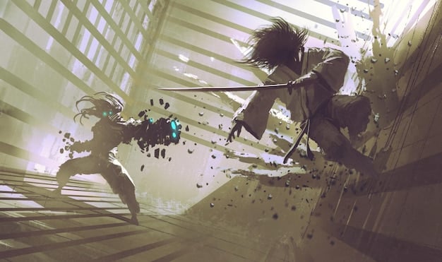 A dynamic manga panel depicting key characters amidst intense action, set against a dystopian backdrop, highlighting the unique art style and themes of the series.