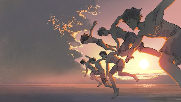 Image depicting a crucial moment from a well-known Shonen Jump crossover; for instance, characters from My Hero Academia assisting characters from Black Clover against a common enemy in a chaotic battle scene. Include dynamic action poses and explosive effects to reflect the intensity.