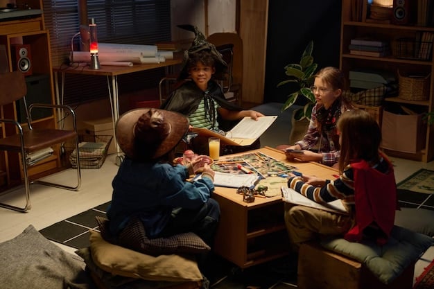 An excited group of young adults sitting around a table, reading manga volumes together and pointing at the pages with animated expressions. There are snacks and drinks on the table, creating a sense of camaraderie and shared enjoyment of manga.