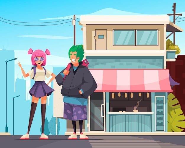 A photograph of a pop-up shop in a US city featuring Shonen Jump characters and merchandise. The shop is bustling with fans, cosplayers, and vibrant displays, creating an immersive experience. There's a giant inflatable of Luffy from One Piece, and staff are dressed as characters from different mangas.