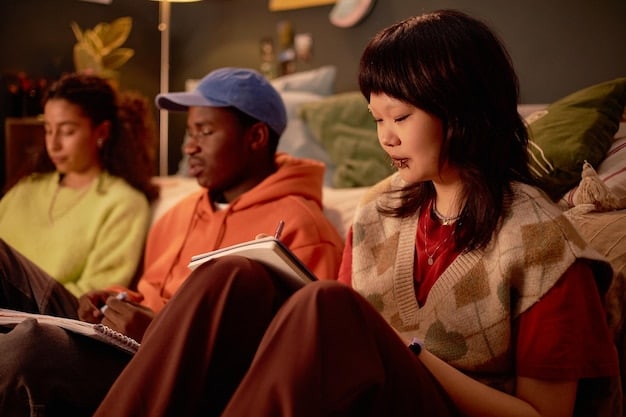 A group of diverse US manga readers participating in a Shonen Jump focus group, holding copies of manga and discussing their opinions with a moderator. The setting looks like a casual meeting room.