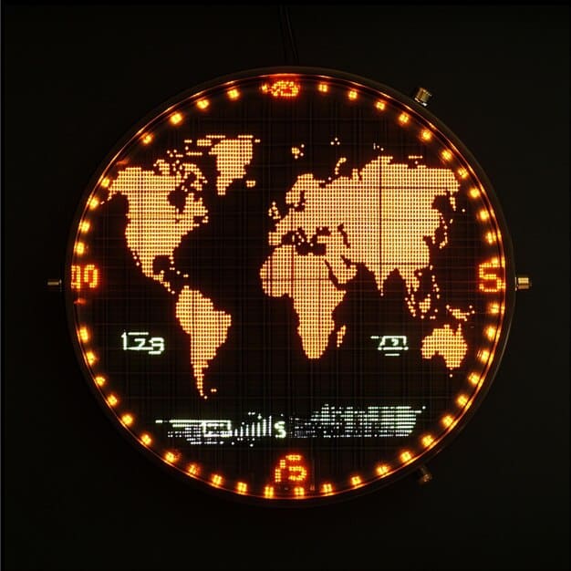 A digital clock displaying Japan Standard Time (JST), with a map of the world in the background highlighting time zone differences, emphasizing the concept of accessing manga chapters earlier due to time differences.