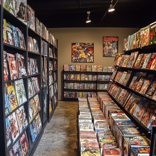 A photograph of a specialty manga store, showcasing shelves filled with manga and figurines. The store has a vibrant atmosphere, with posters and artwork adorning the walls.