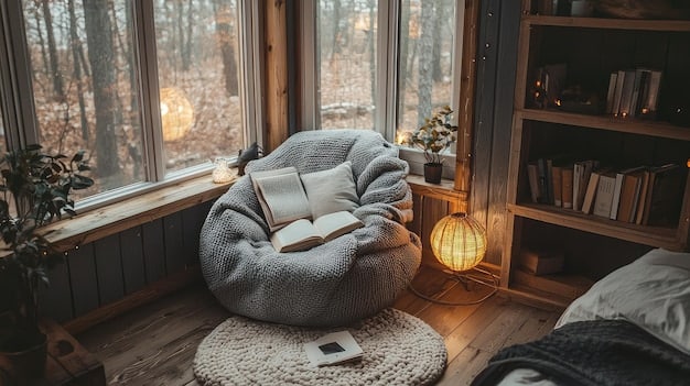 A cozy reading nook featuring a comfortable armchair, a soft blanket, and a well-lit lamp. A person is shown engrossed in reading a manga volume, with shelves of manga visible in the background, creating an inviting and immersive reading environment.