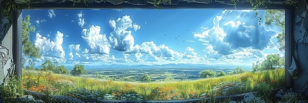 A wide panel showcasing the stunning landscape of the 	 manga's setting, with detailed architectural elements and natural scenery merging seamlessly. The color palette is rich and vibrant, enhancing the overall sense of immersion in the world.