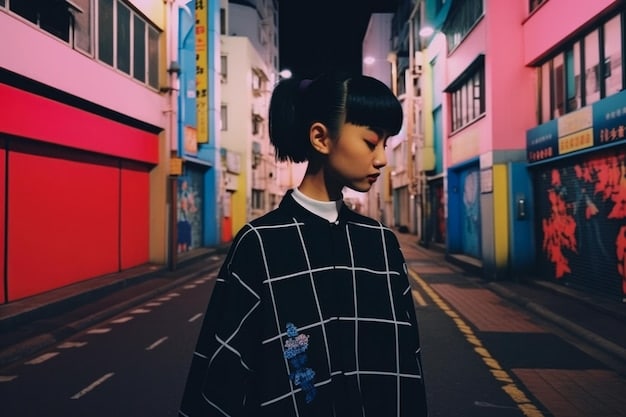 A person wearing a stylish, collaborative anime-themed jacket walks through a trendy urban street. The jacket features subtle and artistic designs inspired by a popular anime series, seamlessly blending into the fashion-forward environment. The background is blurred, emphasizing the jacket as the focal point.