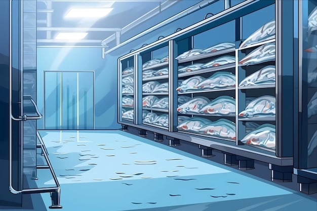 A climate-controlled storage room with shelves containing boxes and containers filled with anime merchandise. The room is well-lit, clean, and equipped with a dehumidifier and temperature monitor.