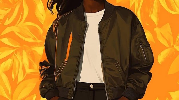 A person wearing a stylish bomber jacket with a subtle anime-inspired design on the back. The jacket is paired with casual jeans and sneakers, showcasing a fashionable and understated look.