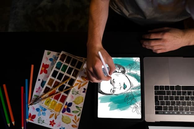 A digital artist working on a custom anime merchandise design on a tablet, showcasing various design elements like character art, logos, and color palettes.