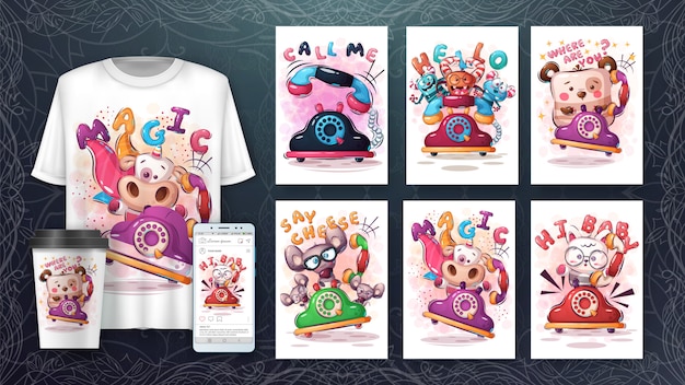 A display showcasing a variety of custom anime merchandise items, including T-shirts, keychains, phone cases, and art prints, each featuring unique and colorful designs.