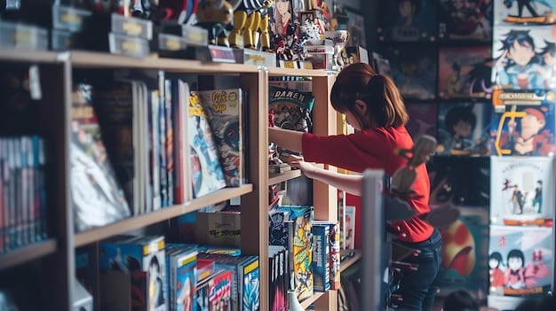 A close-up shot of a collector's shelf filled with anime figurines and merchandise, highlighting the depth and breadth of their collection. Some items are still in their original packaging.