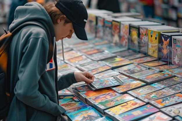 A collector carefully examining a first edition Shonen Jump manga at a comic book convention, using a magnifying glass to assess the condition of the spine and pages, to highlight the value of assessing these kinds of paper collectibles before investing in them.