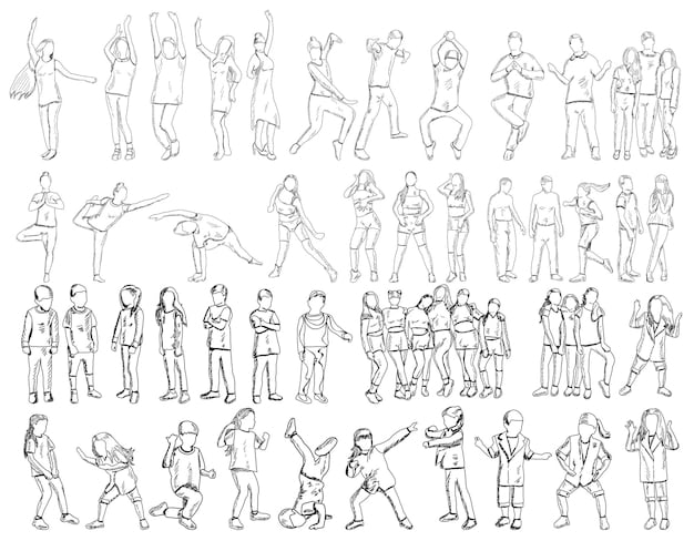 A black and white sketch demonstrating gesture drawings of various action poses. The poses include running, jumping, and fighting stances. Emphasis is on fluid lines and dynamic movement, with minimal detail.