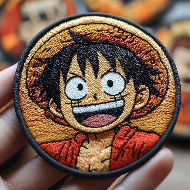 A close-up shot of a custom-made denim jacket featuring patches inspired by different shonen anime, including symbols from One Piece, My Hero Academia, and Dragon Ball Z.