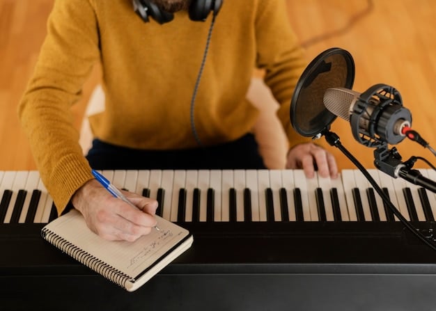 A close-up of a composer working on a music sheet, surrounded by instruments and recording equipment. The lighting is warm and focused, emphasizing the creative process and dedication involved in crafting an OST.