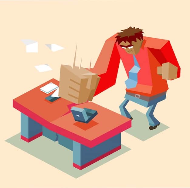 A scene from a modern salaryman drama depicting a stressed-out salaryman working late at his desk, surrounded by stacks of paperwork, with a worried expression on his face.