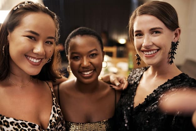 A group photo of four diverse female actresses smiling confidently at the camera. They represent different ethnicities and are dressed in a mix of professional and casual attire. The background is a vibrant urban setting.