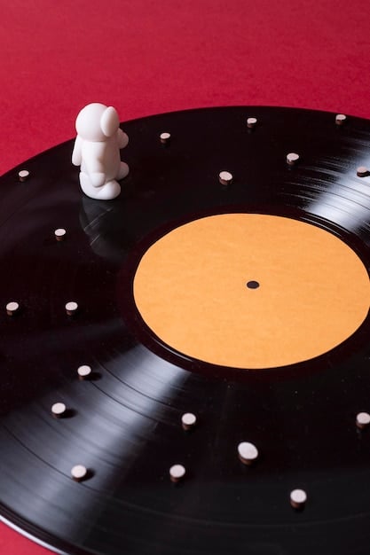 A close-up of a vinyl record player with a J-Drama OST album on the turntable. The lighting is soft and focused, highlighting the grooves of the record and the album cover. The image conveys a sense of nostalgia and the intimate connection between music and storytelling.