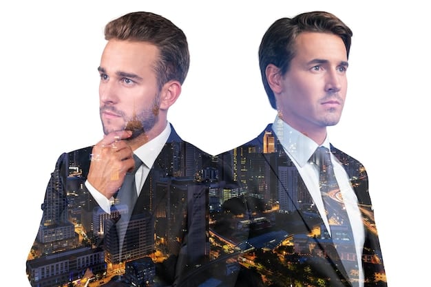 A split image featuring screenshots from two different salaryman dramas, one showing a character looking stressed at their desk and the other showing a group celebrating a successful project, illustrating the contrasting realities of the Japanese work environment.