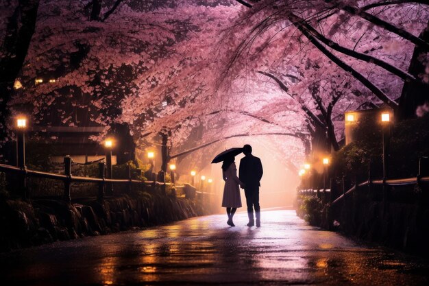 A scene from a J-Drama featuring a couple walking under cherry blossoms, highlighting the aesthetic beauty and use of nature in romantic settings.