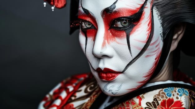 A scene from a Kabuki performance featuring an actor in elaborate Kumadori makeup, alongside a still from a J-Drama where the character exhibits similar stylized makeup influences, particularly around the eyes and mouth, to emphasize their emotional state. The image juxtaposes the traditional art form with its modern adaptation in visual media.