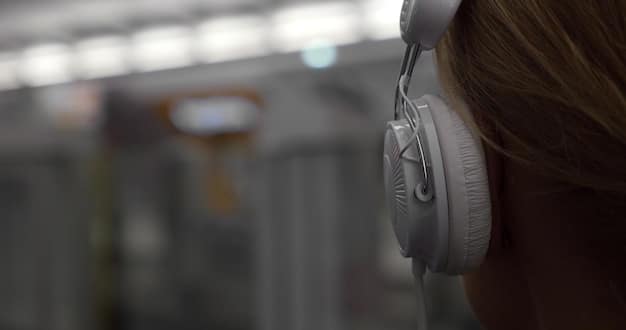 A close-up of headphones with sound waves visualized, representing high-quality audio description on a streaming service. The background is blurred, focusing on the clarity and detail of the sound.