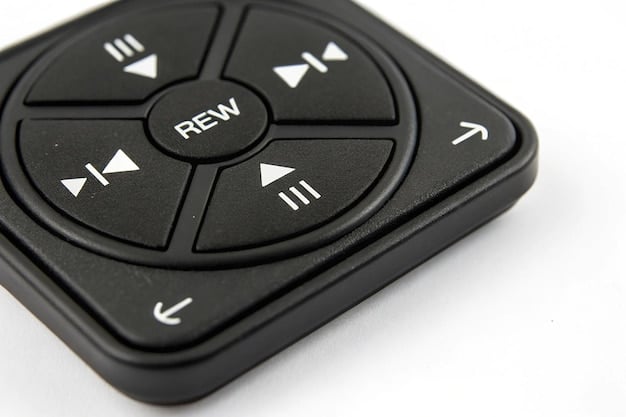 A close-up of a remote control with voice command functionality, highlighting the microphone button. The background shows a blurred image of a smart home interface on a TV screen, indicating seamless integration with other smart devices.