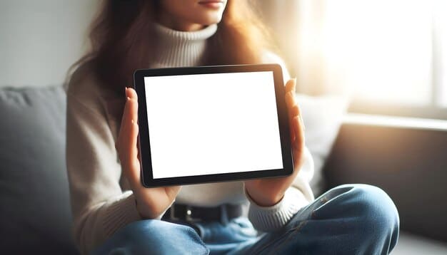 A close-up of a tablet screen displaying a streaming ad with a clearly visible 