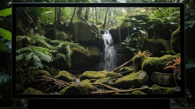 A close-up shot of a smart TV screen displaying a nature documentary in crisp 4K resolution, showcasing detailed textures and vibrant colors, emphasizing the visual enhancements provided by 5G streaming.