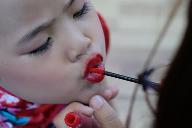 A close-up of a cosplayer applying lipstick with a lip brush, showcasing the precision needed. The focus is on the detail and even application, with a variety of lip products in the background.
