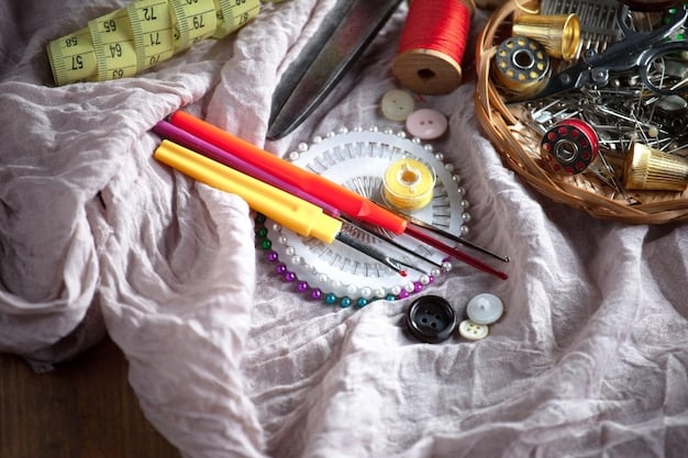 A close-up showcasing a variety of essential sewing tools neatly arranged on a crafting table. Tools include scissors, measuring tape, seam ripper, pins, and sewing needles.