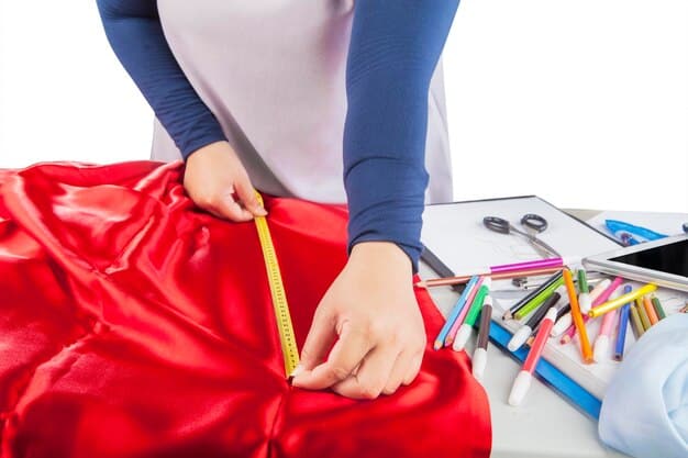 Hands carefully pinning a fabric pattern onto a vibrant piece of cloth, ready for cutting and sewing. Detail shows the precision required in cosplay costume construction.