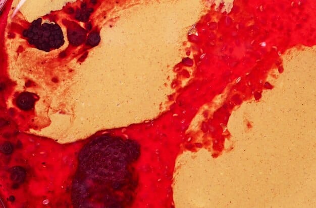 A close-up shot of various types of fake blood, each with a different texture and color. There is a vial of thin, bright red blood, a swatch of thick, dark brown blood, and a patch of glossy, almost black blood resembling dried blood.
