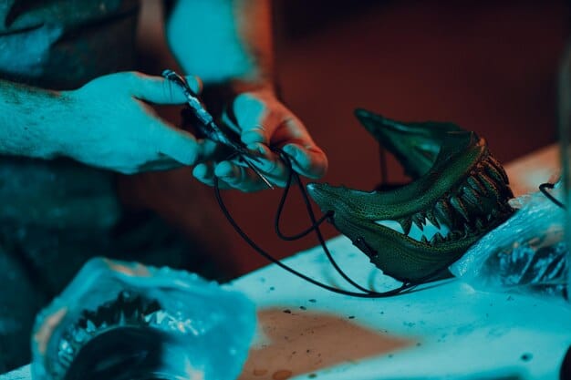 A cosplayer is carefully soldering wires to the back of an LED strip, preparing it for attachment to their costume. The cosplayer is using a well-lit workspace and wearing safety glasses.