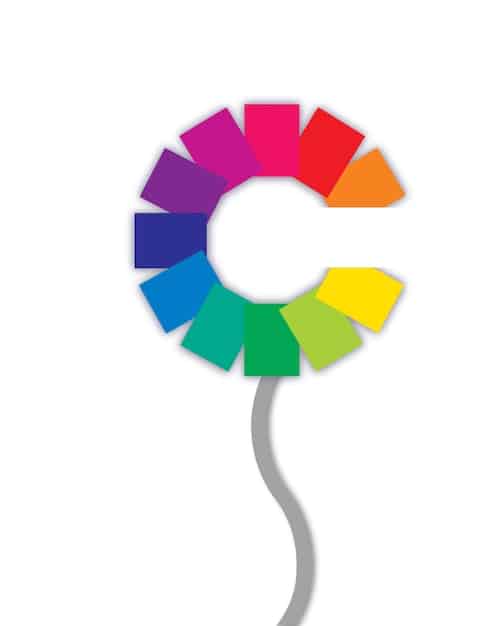 A color wheel diagram with examples of primary, secondary, and tertiary colors, demonstrating color relationships and mixing techniques.