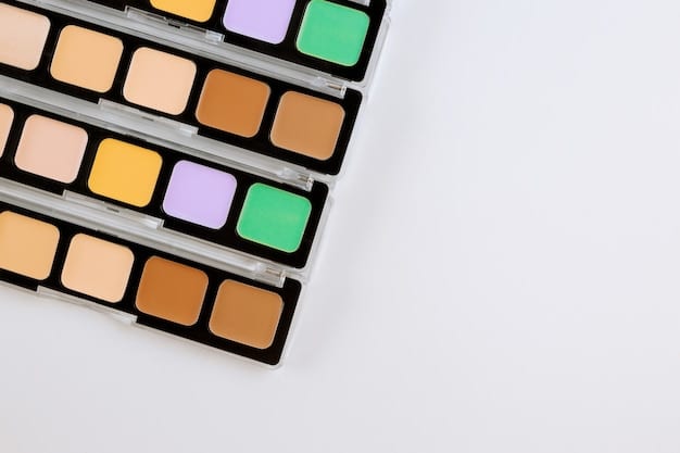 A close-up of various color correction products, including green, peach, and purple correctors, with swatches on a fair-skinned arm demonstrating how each color neutralizes different skin imperfections.