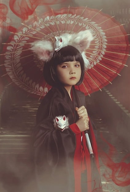 A split-screen cosplay photograph. On the left, the original character from an anime is shown striking a distinct pose with a sword. On the right, the cosplayer recreates the exact pose, expression, and angle, with remarkable accuracy. Both images are side by side for clear comparison