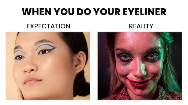 A split-screen image showing the before-and-after effect of applying the eye enlargement makeup. On one side, a person with natural eye makeup, and on the other, the same person with exaggerated anime-style eye makeup, including large circle lenses, colorful eyeshadow, and thick eyeliner.
