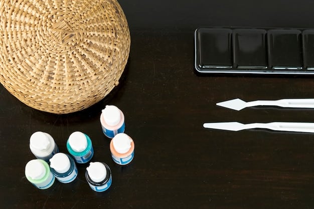 A close-up shot of various wig dyeing supplies laid out on a table, including fabric dyes, alcohol-based markers, gloves, a mixing bowl, a spray bottle, and a wig head stand.