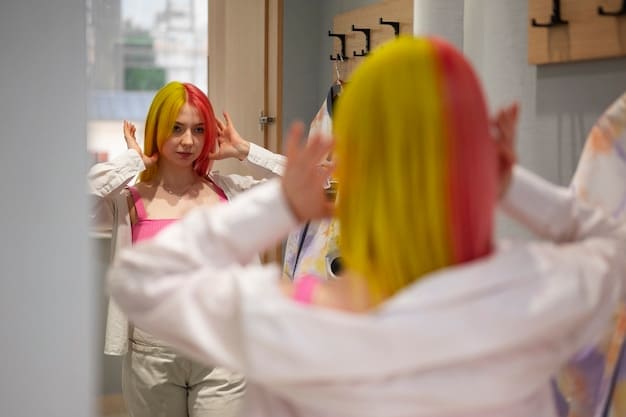 A cosplayer demonstrating the process of applying dye to a synthetic wig. The wig is neatly sectioned and secured on a wig head stand, and the cosplayer is using gloved hands to carefully apply the dye using a spray bottle.