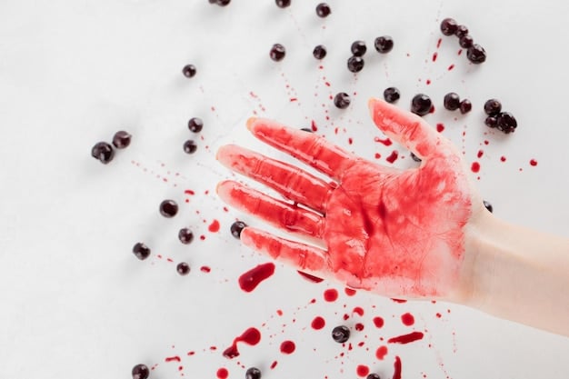 A close up shot of homemade blood dripping down a persons arm with textures wound on it.