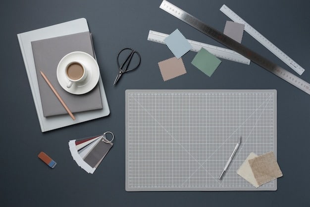 A collection of pattern drafting tools on a drafting table, including a measuring tape, French curve, pattern paper, pencils, and a clear ruler. The image is shot in a well-lit studio, highlighting the precision and care involved in pattern drafting.
