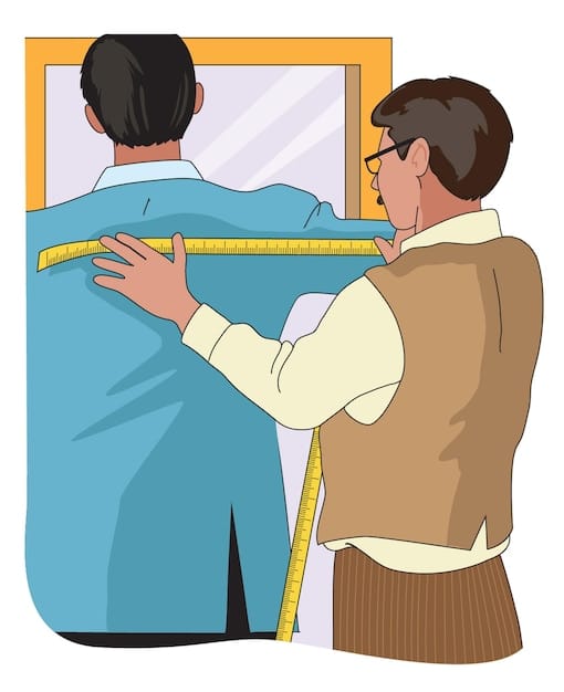 A cosplayer measuring their torso length in front of a mirror, with a focus on the proper placement of the measuring tape and posture for accurate results.