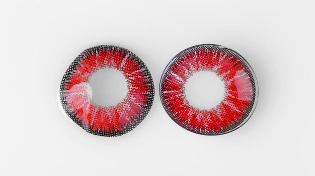 Close-up of different types of cosplay contact lenses: sclera lenses, colored lenses, and patterned lenses, displayed on a clean, well-lit surface.