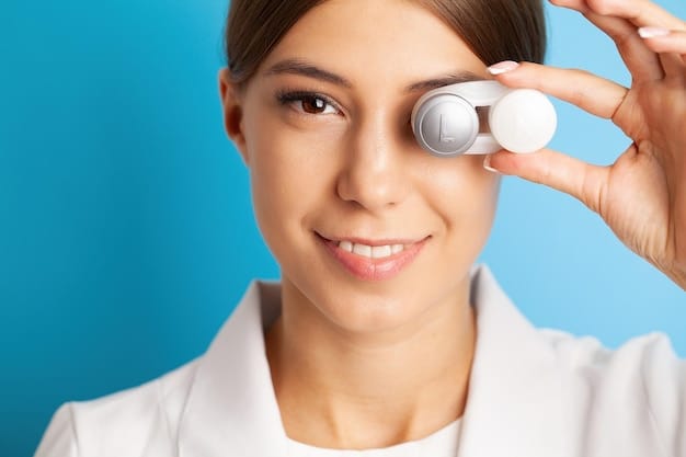 An eye care professional fitting a patient with contact lenses, using specialized equipment in a clean and sterile environment.