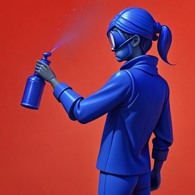 A cosplayer wearing safety glasses carefully spraying primer onto a 3D-printed prop helmet in a well-ventilated spray booth, ensuring even coverage.