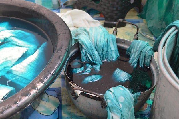 A well-organized dyeing station with pots, stirring equipment, and safety gear. The image should convey the importance of preparation and safety in the fabric dyeing process.