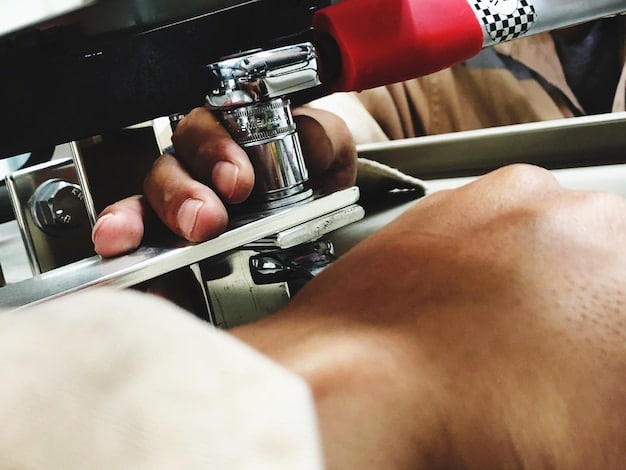 A detailed shot of a sewing machine in action, with the needle piercing through two layers of cosplay fabric. The fabric is a vibrant color, and the stitching is neat and precise, reinforcing a seam on the costume.