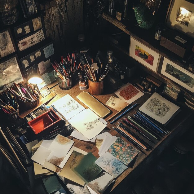 An artist's desk filled with manga drawing tools, sketches, and reference books, illuminated by a warm desk lamp.