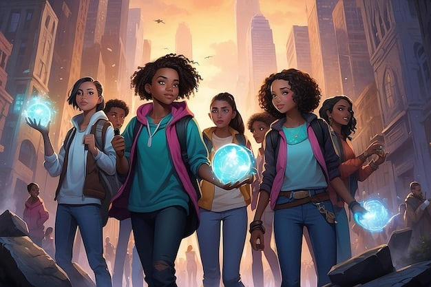 A stylized illustration of a diverse group of teenagers, possibly students, with subtle hints of supernatural powers emanating from them, set in a modern urban school environment.